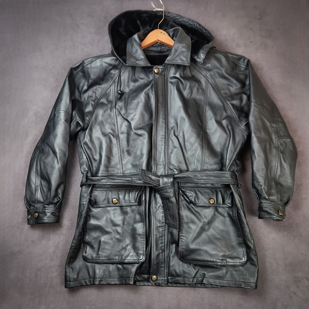 Dimension New York Leather Jacket Mens Large Black Belted Hooded Zip Liner Parka